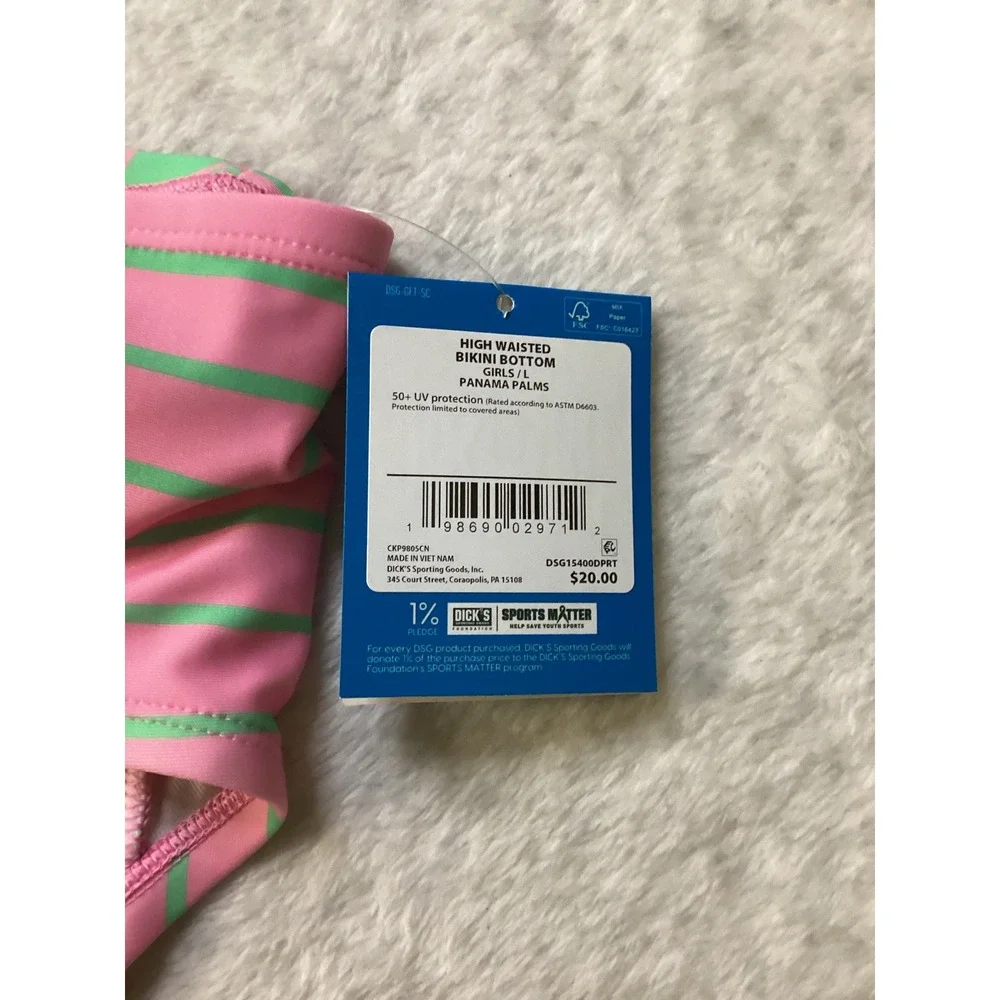 DSG Girls High Waisted Bikini Bottom Panama Palms Pink Green Large NWT‎